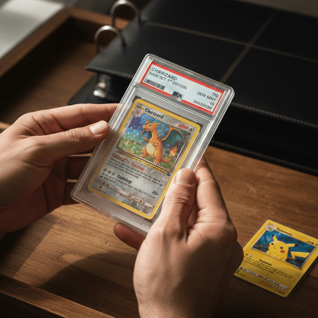 Collector examining a graded Pokémon card slab